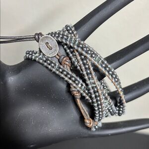 Chan Luu Cross Charm Silver Gray Tone Brown Leather 5 Wrap 925 Stamped Bracelet